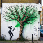 un albero con i rami potati e spogli e a simulare le foglie il verde spruzzato sulla parete bianca di una palazzina distante pochi metri. È la nuova opera da attribuire a Banksy, comparsa ieri a Hornsey Road, Finsbury Park, nella zona nord di Londra.Alla base della parete del palazzo l’artista ha lasciato lo stencil di una ragazza con uno spruzzatore a pressione che guarda verso l’ alto l’ albero come per rendersi conto dell’ effetto.